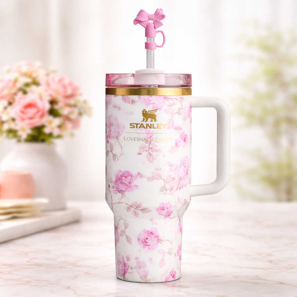 Stanley Quencher H2.0 FlowState Tumbler Rose Floral Gift Set – Insulated Stainless Steel Travel Cup with Handle, Straw & Premium Storage Pouch